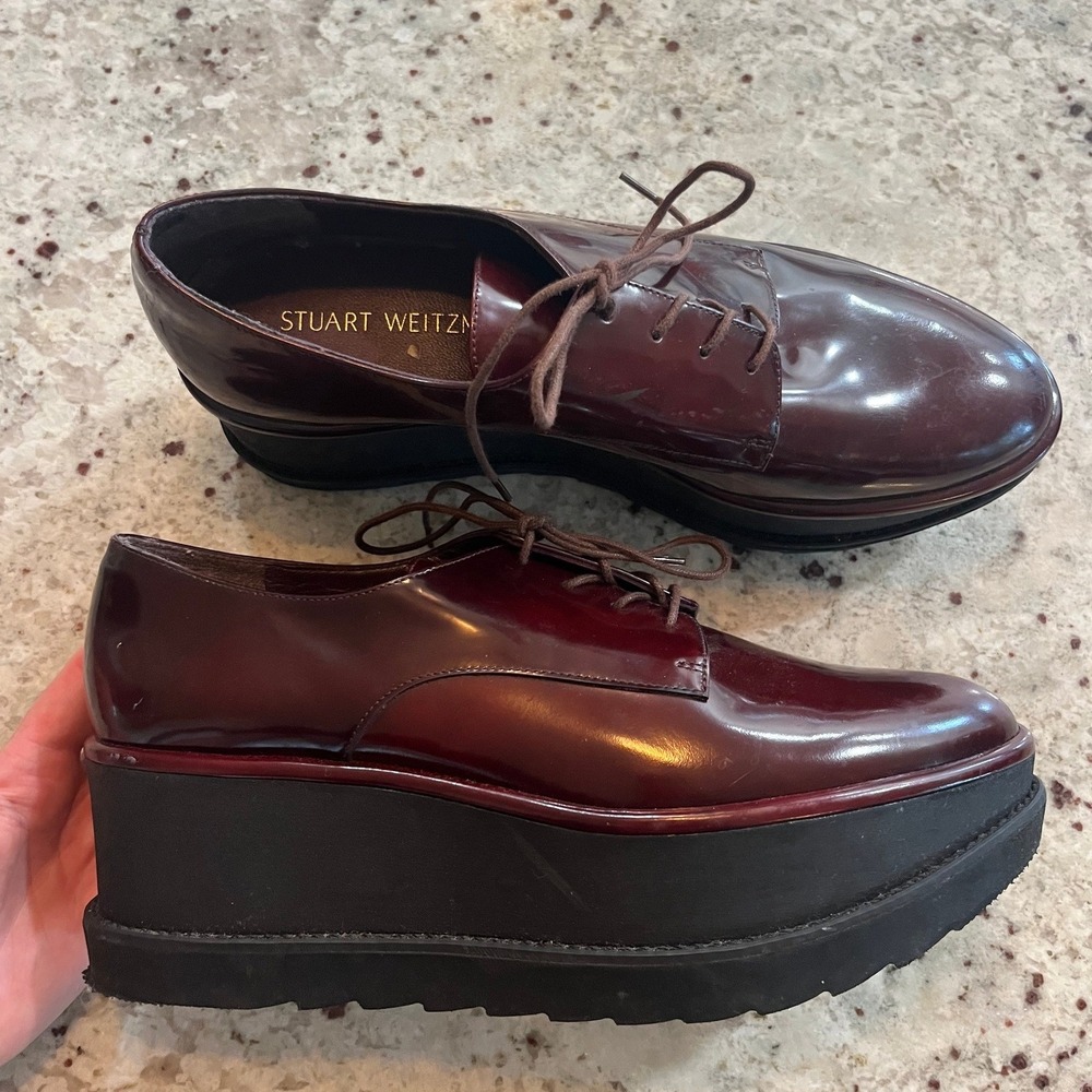 Stuart Weitzman Burgundy Patent Leather Platform Wedge Oxfords Made in Spain